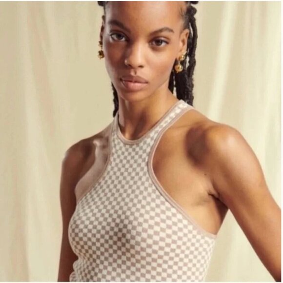 Abercrombie & Fitch Checkered Knit Tank Top Racerback Fitted Tan White Women's M - Picture 2 of 6